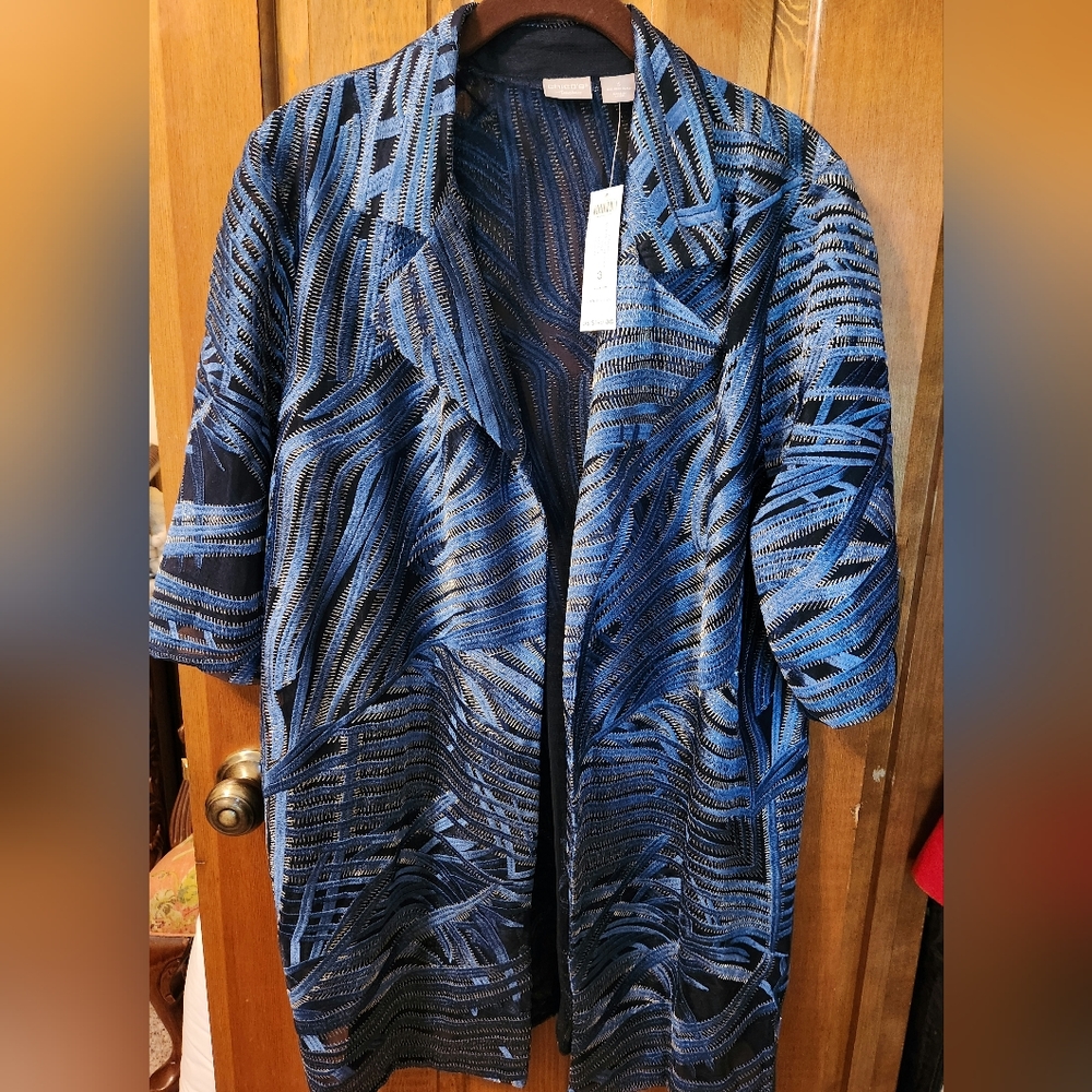 Chico’s Travelers Whimsy Mesh Stripe 3/4 Sleeve Jacket Wave Blue Size 3 NWT